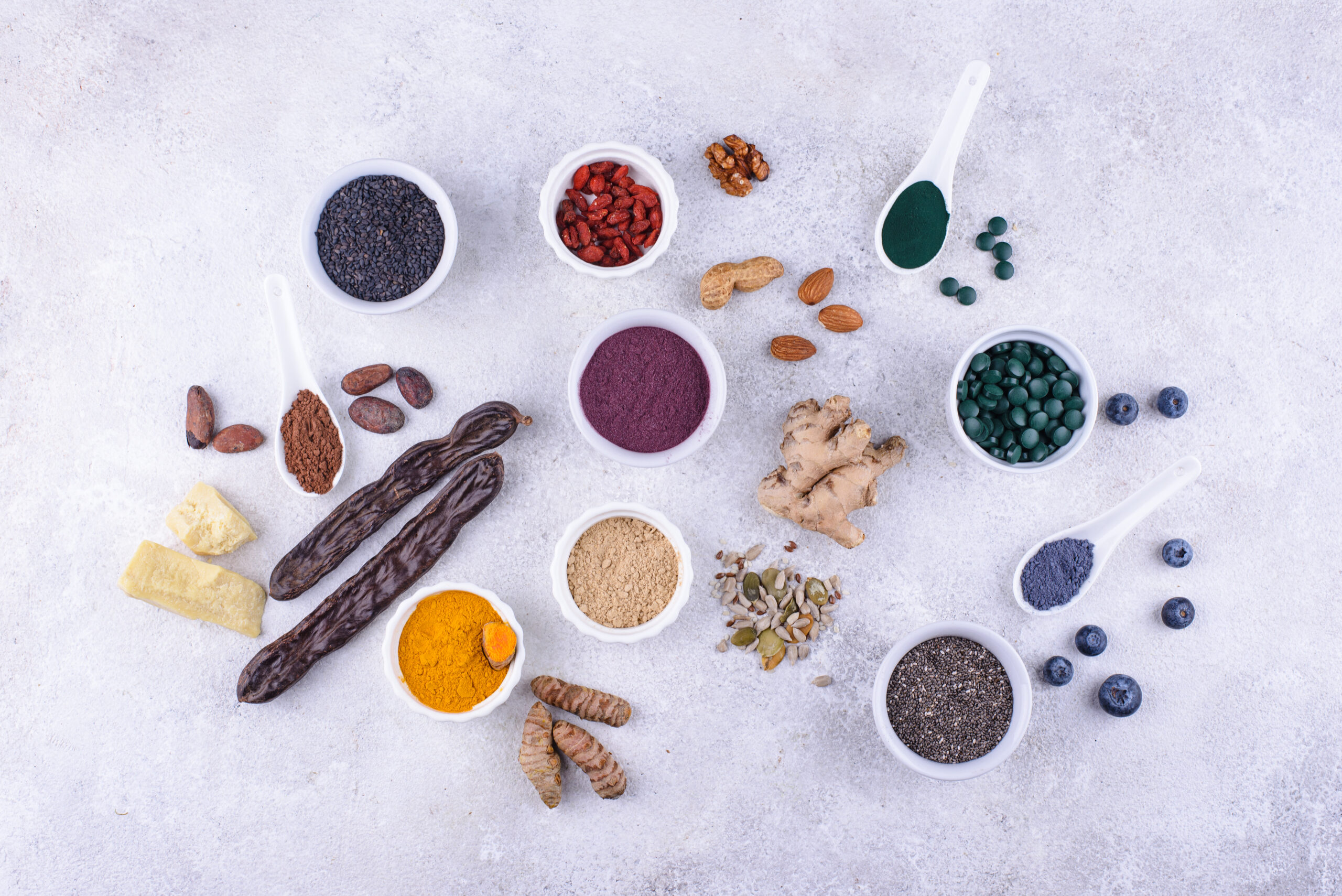 Various superfoods and healthy food supplement. Various superfoods and healthy food supplement. Goji, chia, chlorella, acai, matcha spirulina and turmeric